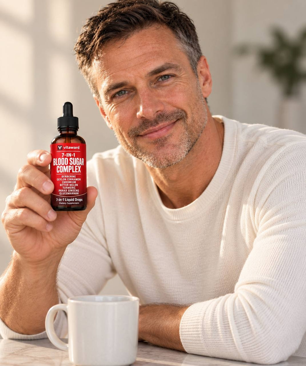 Man holding a VitaWard bottle