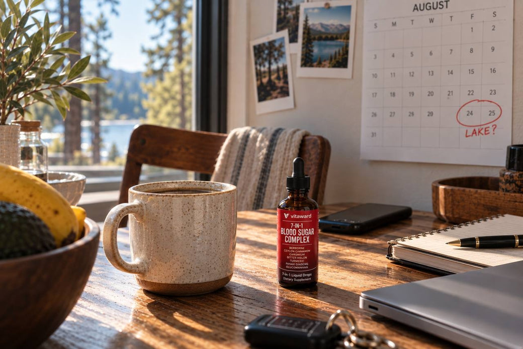 VitaWard bottle on kitchen table with morning coffee and August calendar